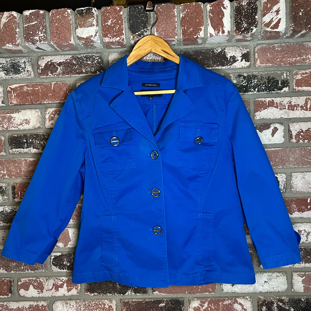 Women’s Jones New York Signature Stretch Blue Button Up Shoulder Pads Blazer